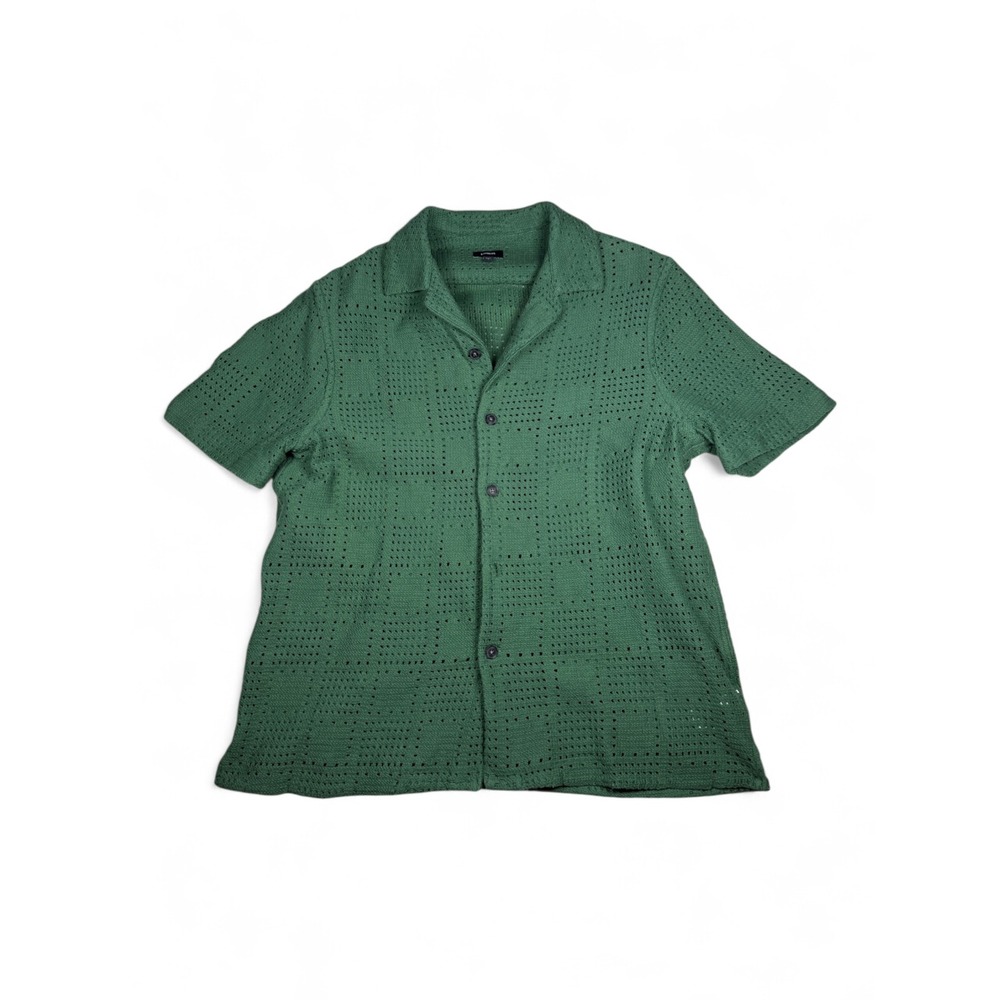 Express Mens Green Crochet Knit Short Sleeve Camp Collar Button Down Shirt S